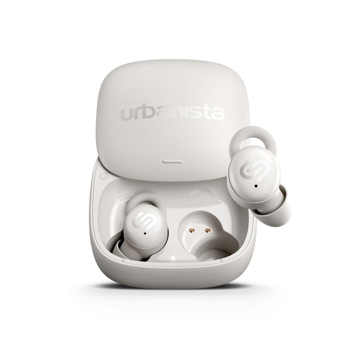Urbanista Porto Cloud White open charging case and earbuds