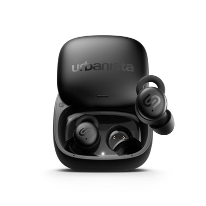 Urbanista Porto Midnight Black open charging case and earbuds