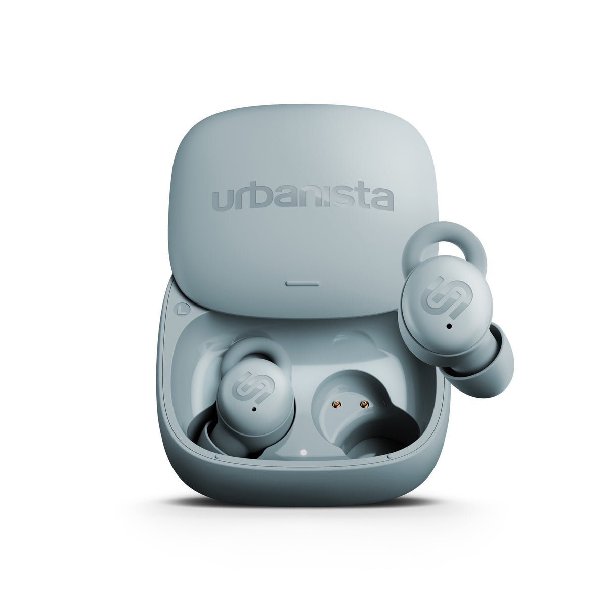 Urbanista Porto Storm Blue open charging case and earbuds