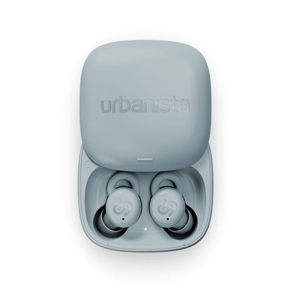 Urbanista Porto Storm Blue earbuds in charging case